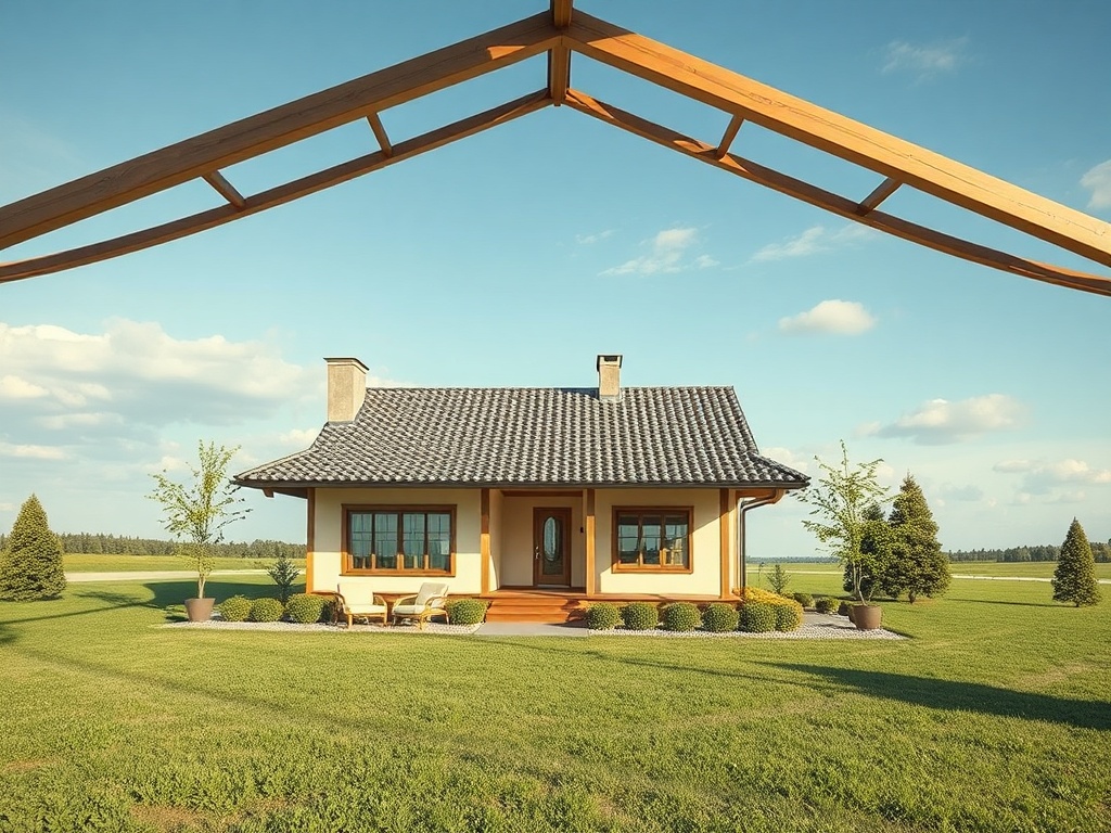 Уютный дом с деревянной крышей и зелёным газоном на фоне ясного неба.