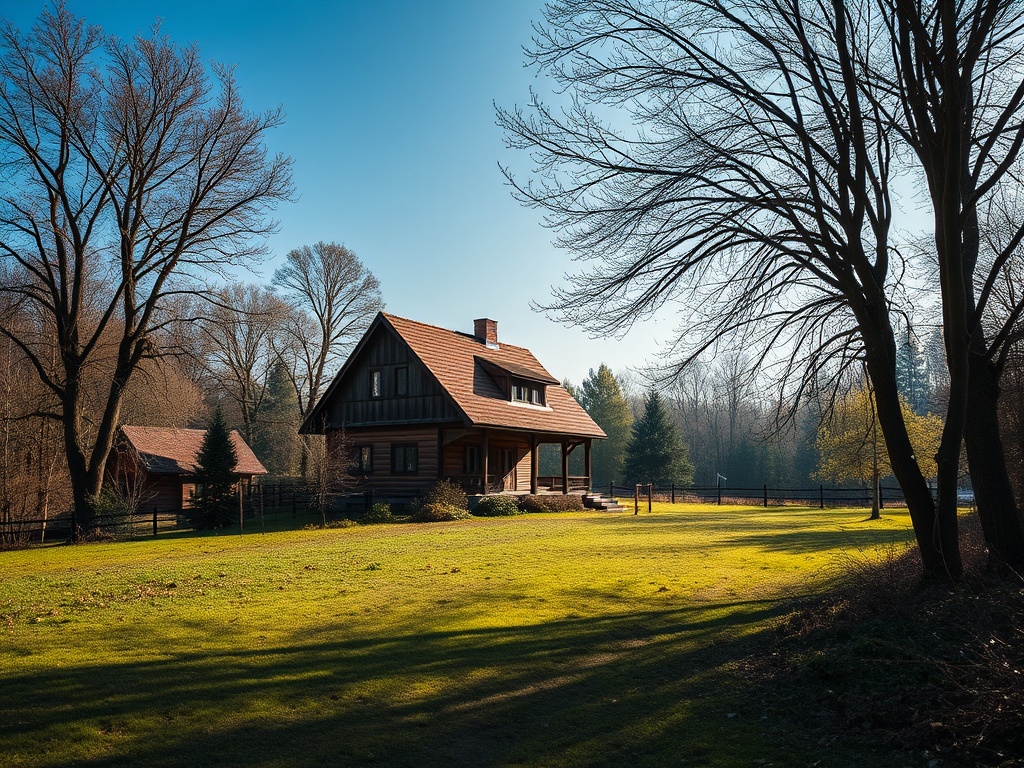 Деревенский дом на фоне леса, окруженный зелёной лужайкой и высокими деревьями. Ясное голубое небо.