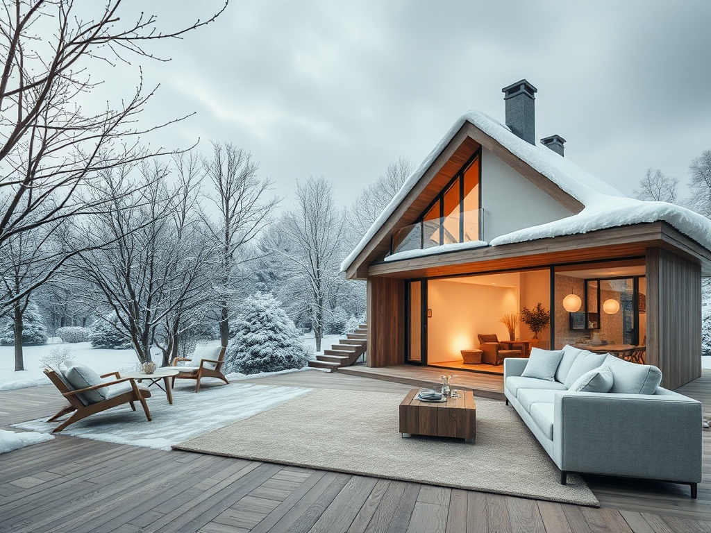 Современный дом в снегу, уютная веранда с мебелью и зимний ландшафт вокруг, создающий атмосферу уюта.