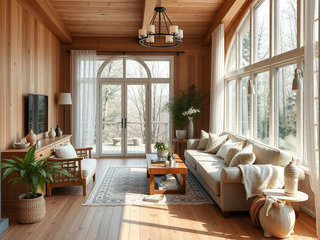 Уютная гостиная с деревянными стенами, большими окнами и нежной природной отделкой.