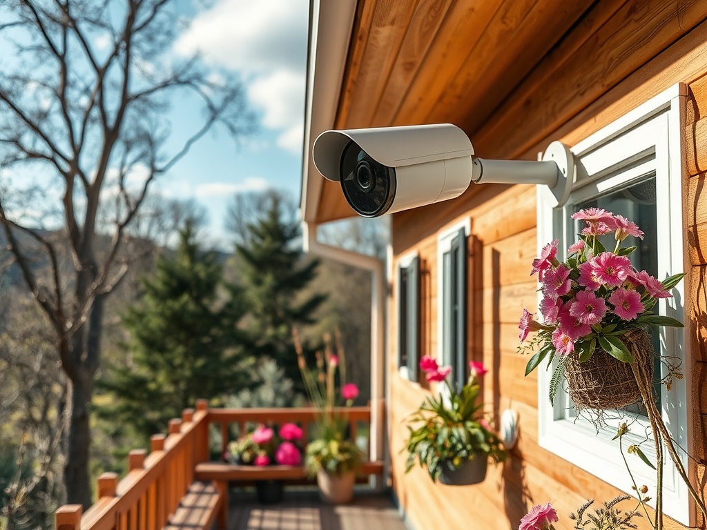 Камера видеонаблюдения установлена на стене дома, вокруг цветы и зелень. Яркий солнечный день.