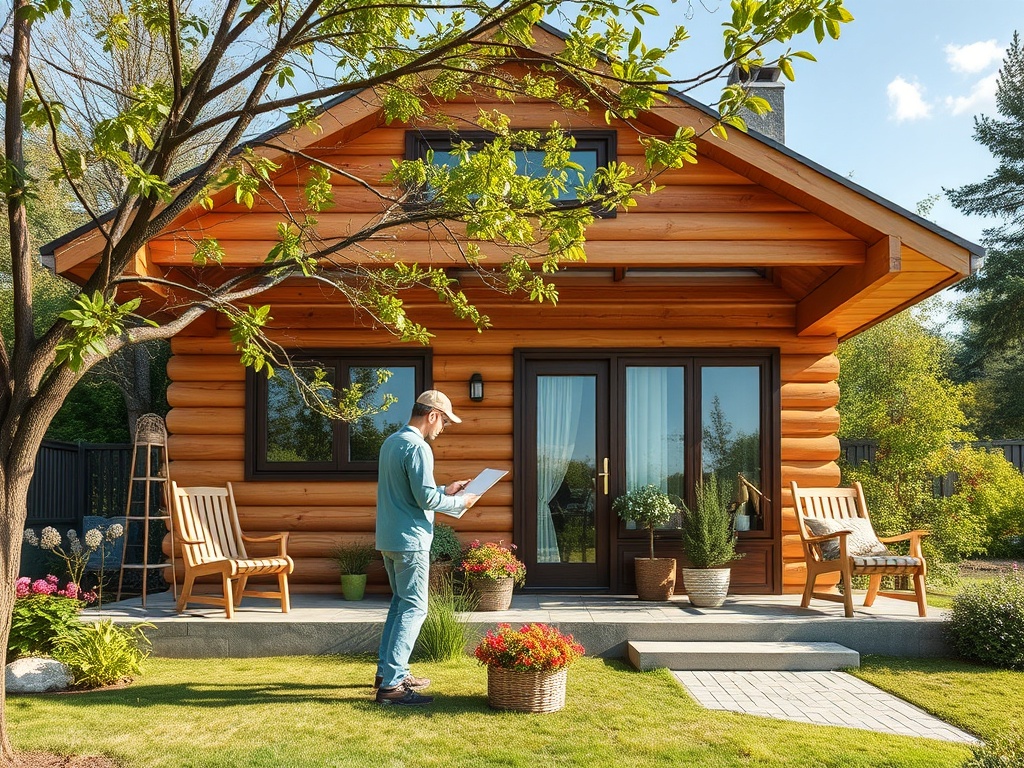 На переднем плане дом из бруса, рядом мужчина с бумагами, кусты и цветы в саду. Солнечный день.