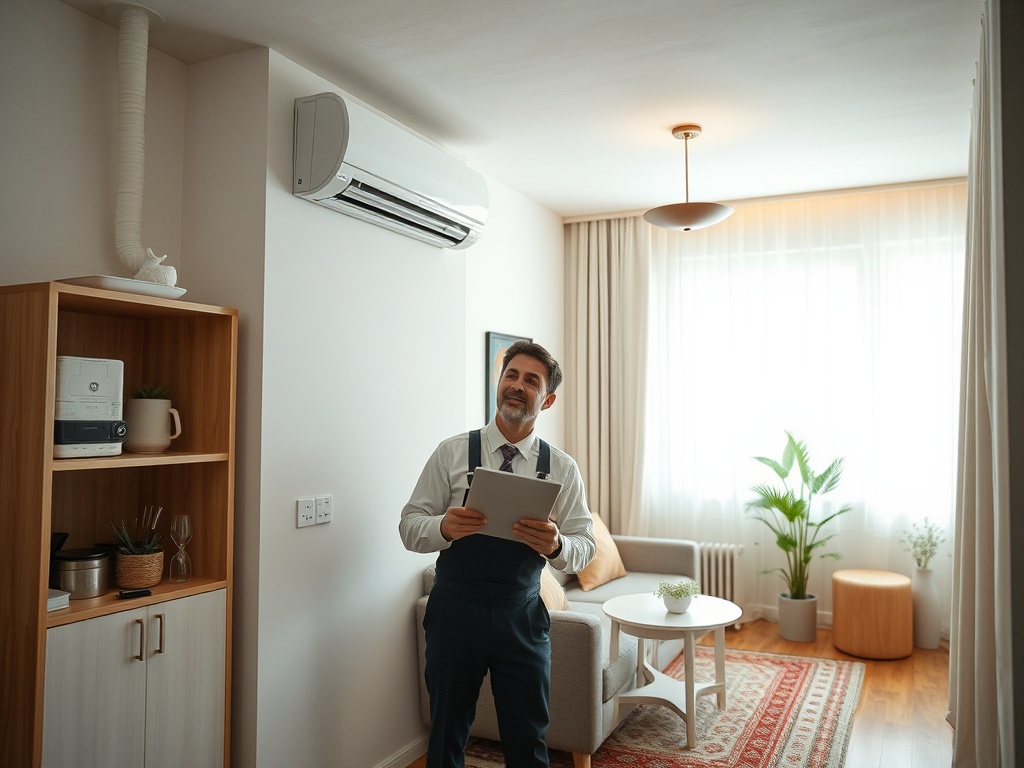 Мужчина в костюме стоит в светлой комнате с планшетом, улыбается на фоне мебели и зелени.