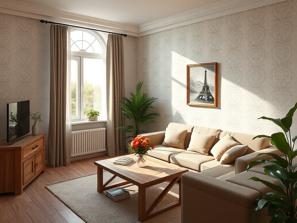 Светлая гостиная с диваном, столом, телевизором и растением у окна. На стене картина с Эйфелевой башней.