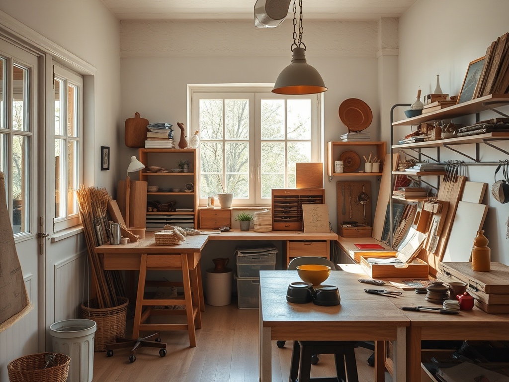 Светлая мастерская с деревянными столами, полками и окнами, наполненная инструментами и материалами для творчества.