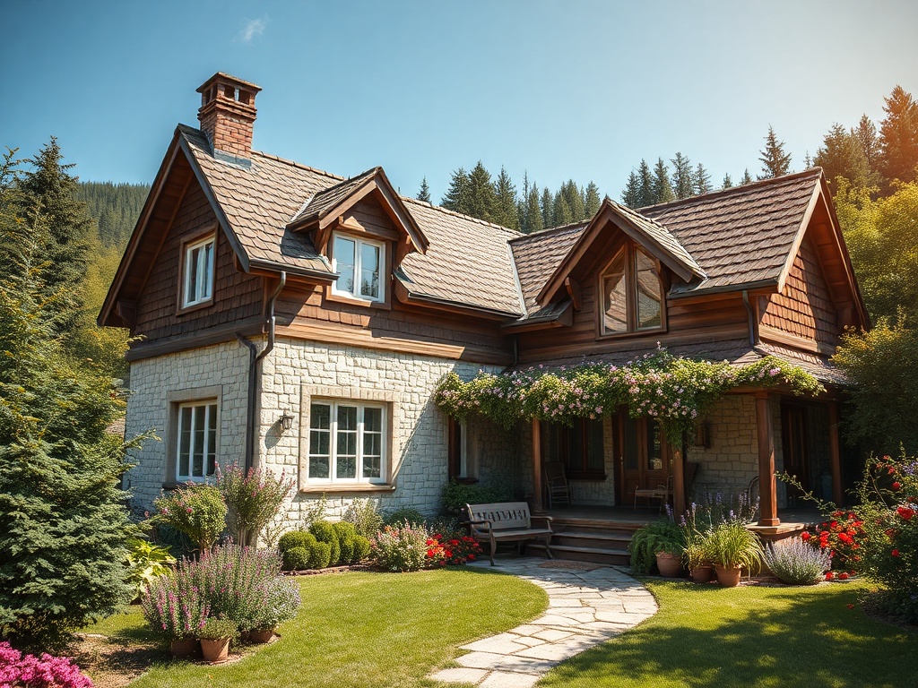 Уютный загородный дом с цветами и зеленью на фоне леса, с каменной и деревянной отделкой.