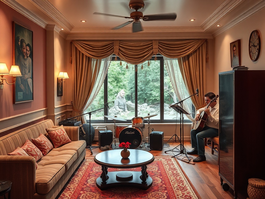 В уютной комнате музыкант играет на гитаре, рядом стоят ударные и красивый вид на природу за окном.