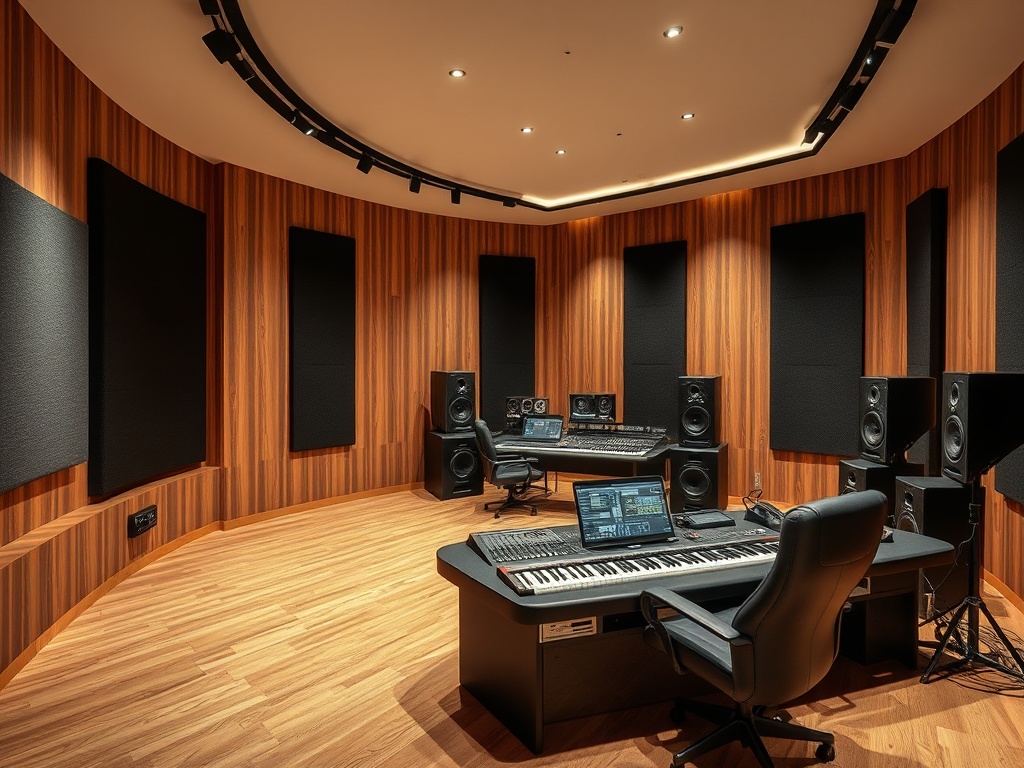 Современная студия звукозаписи с деревянными стенами и оборудованием для создания музыки.
