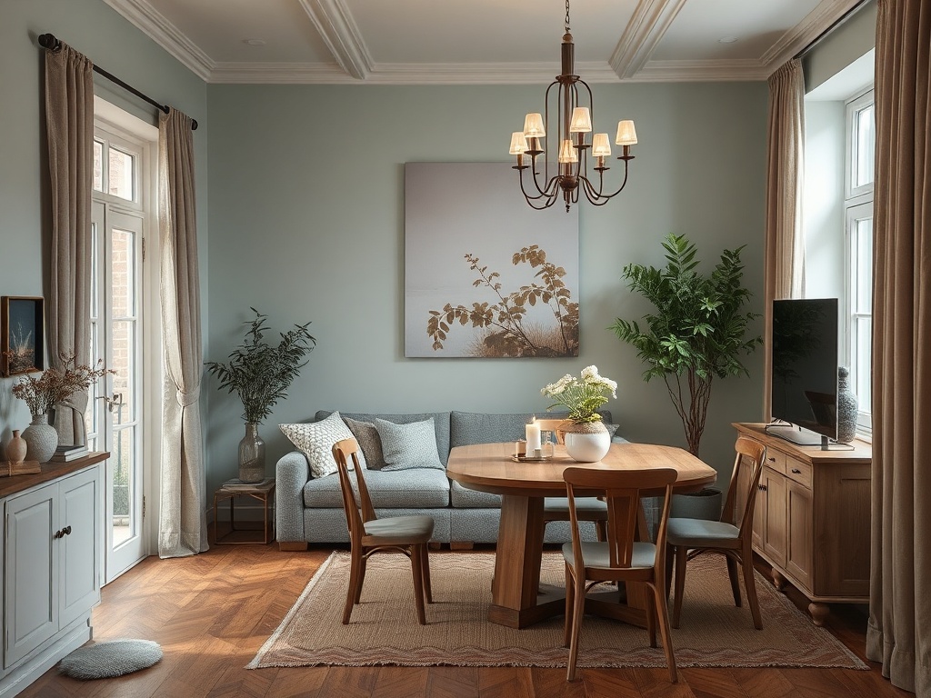 Современная гостиная с обеденным столом, мягким диваном и зелеными растениями на стенах и в углах.