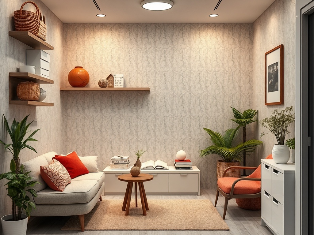 Уютная гостиная с диваном, креслом и растениями, оформленная в светлых тонах с деревянными полками.