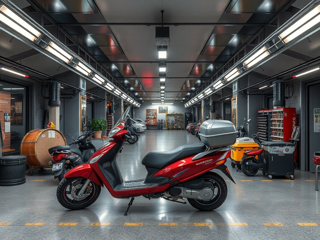 Красный скутер на фоне хорошо освещённого гаража с несколькими мотоциклами и инструментами.