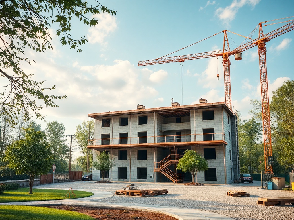 Строящийся дом с деревьями и кранами на фоне голубого неба. Дорога ведет к зданию.