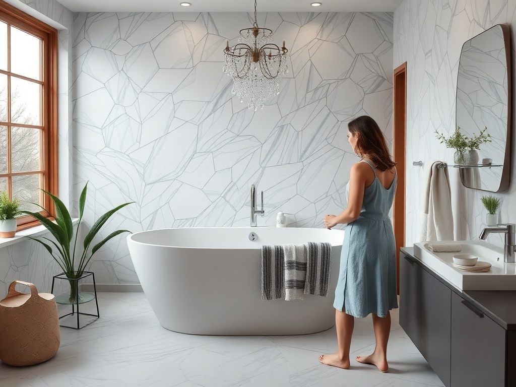 Современная ванная комната с белой ванной, женщиной в платье и светлыми стенами. Растения и стильный декор.