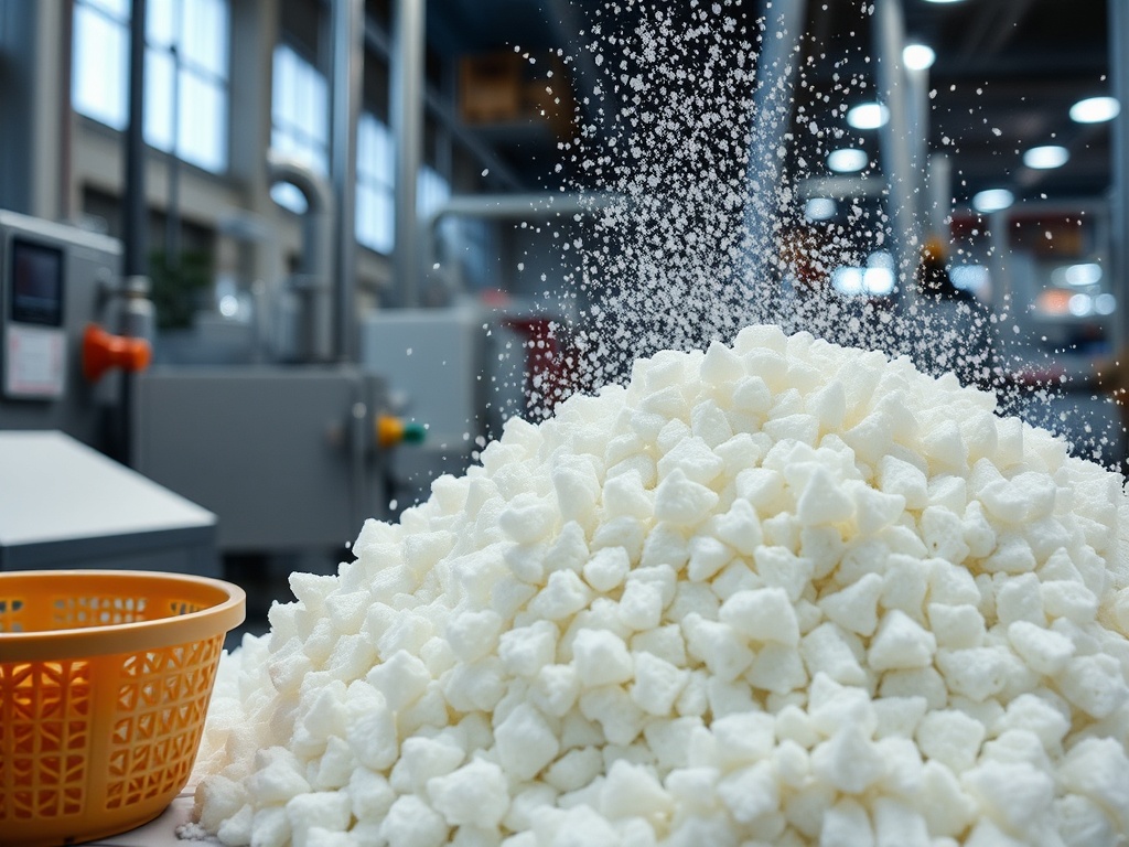 На изображении крупная куча сахара с крупинками, падающими сверху, и желтая корзина рядом.