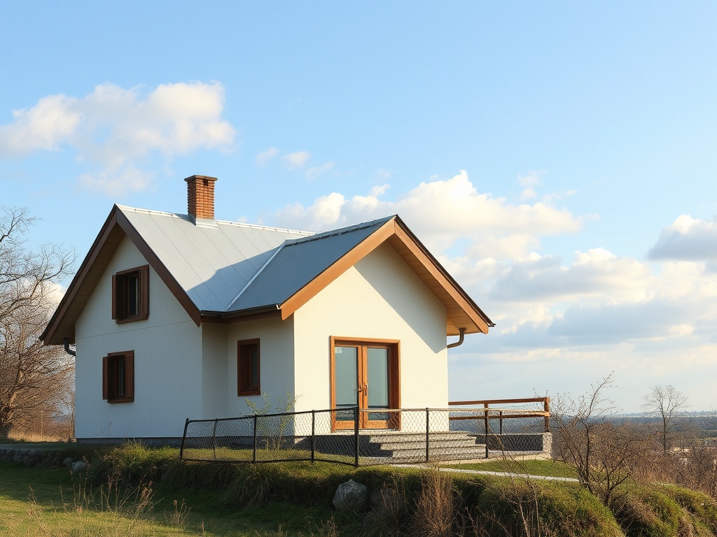 Современный дом с двускатной крышей на фоне голубого неба и зелёного холма. Спокойная и уютная обстановка.