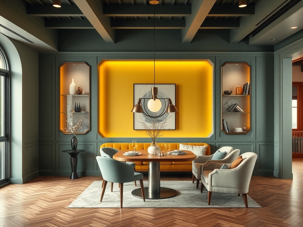 Современный интерьер с уютной мебелью, яркой стеной и стильными полками. Уютная атмосфера для общения.