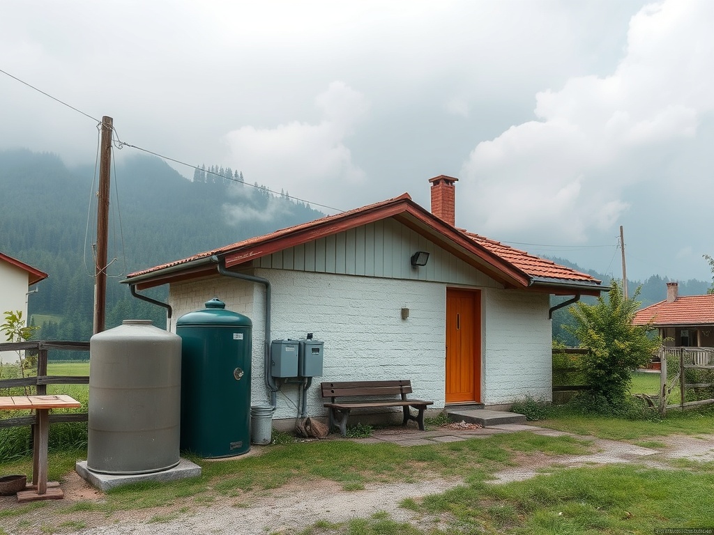 Дом с оранжевой дверью, окружённый зеленью, в горах под облачным небом. Слева – резервуары для воды.