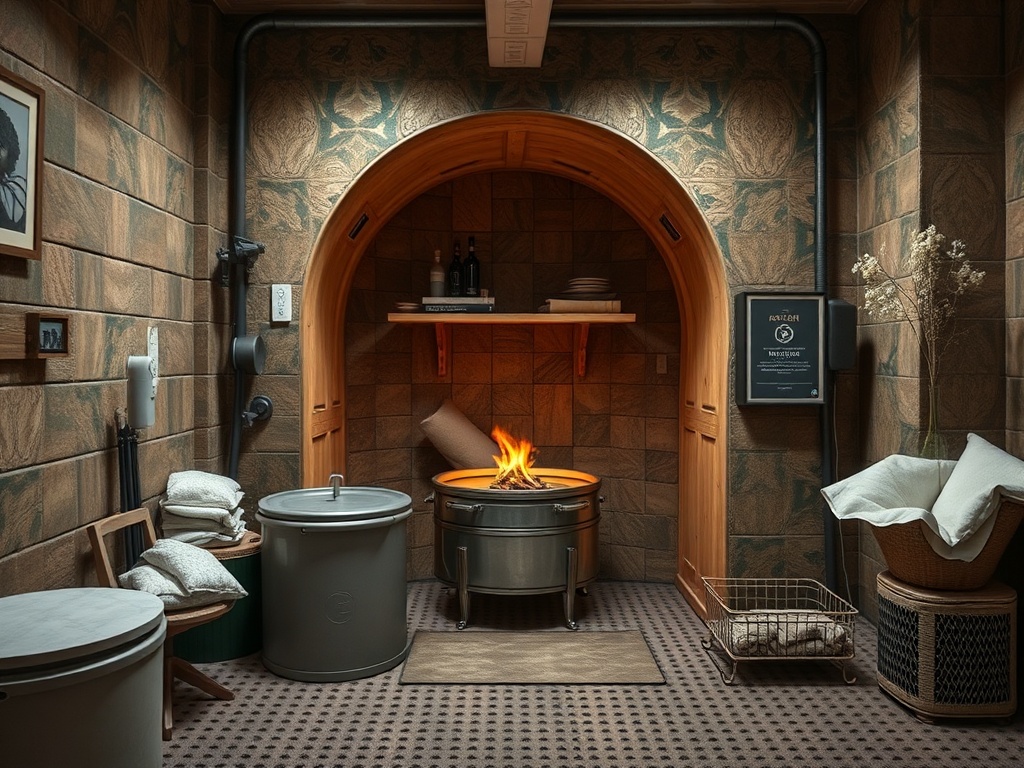 Уютная комната с печью, деревянными полками и мягкими текстурами для расслабления и тепла.