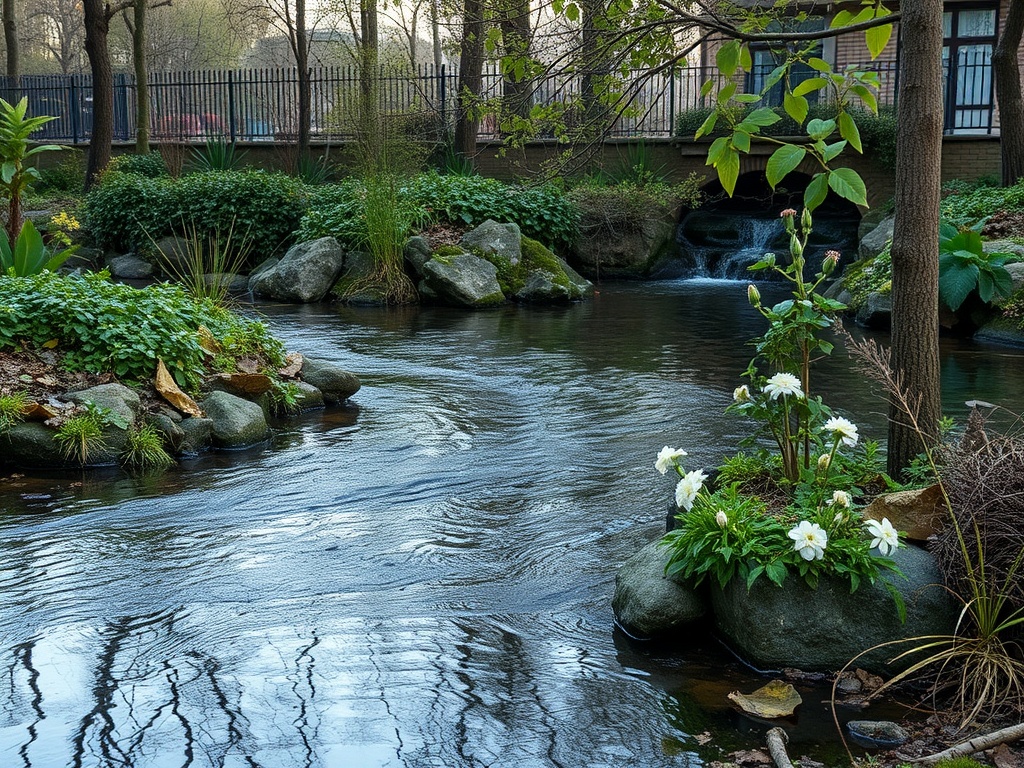 Река с спокойной водой и белыми цветами на каменистом островке среди зелени деревьев и растений.