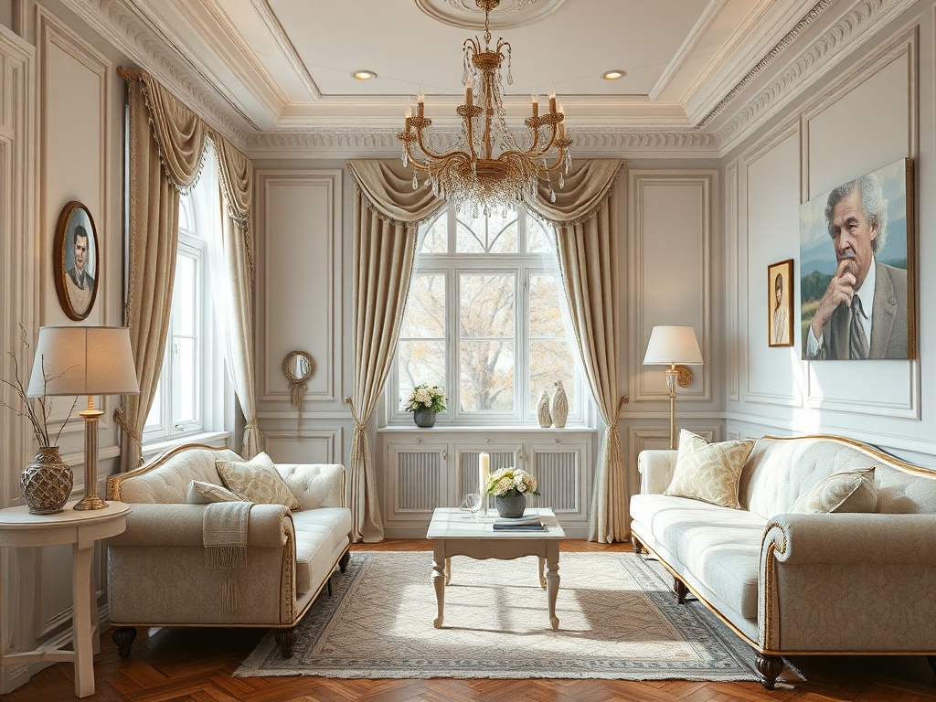 Светлая гостиная с люстрой, диванами и декоративными элементами, оформленная в классическом стиле.