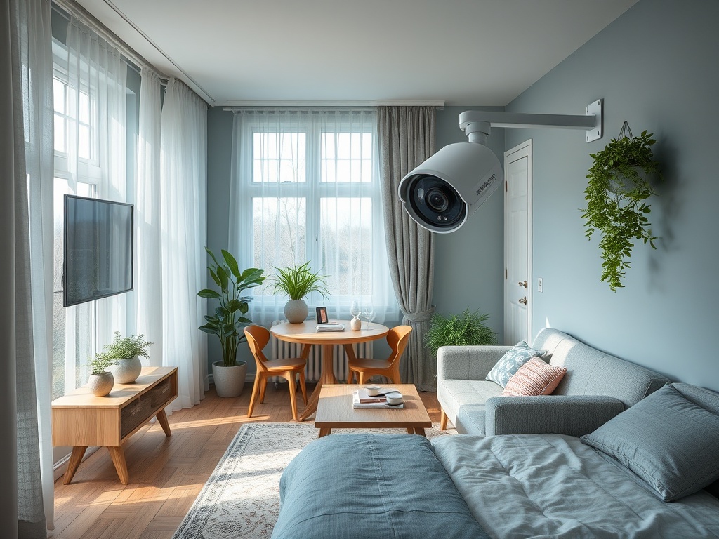 Современная гостиная с камерой наблюдения, уютной мебелью и растениями в интерьере.