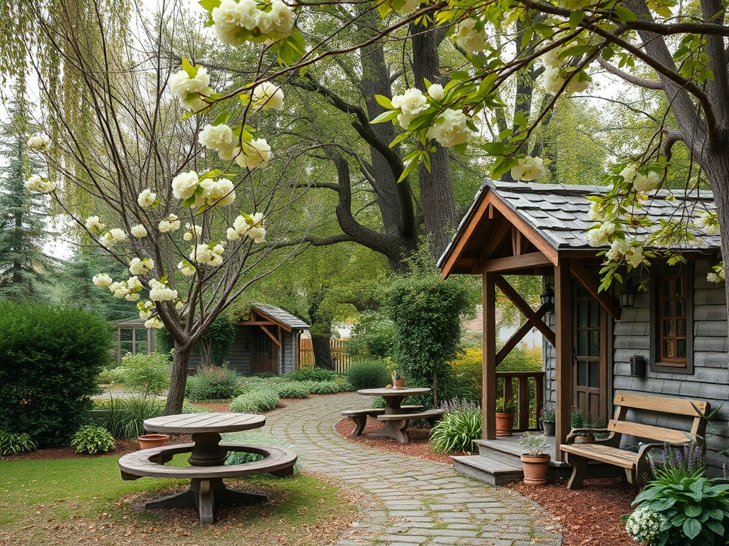 Уютный сад с домиком, цветущими деревьями и дорожкой из камней. Спокойная атмосфера для отдыха.