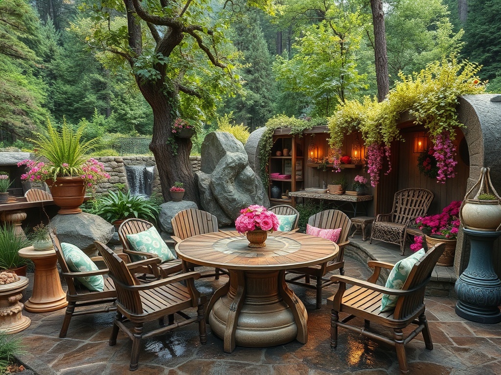 Уютная площадка с деревянной мебелью, цветами и водопадом на фоне леса. Идеальное место для отдыха.