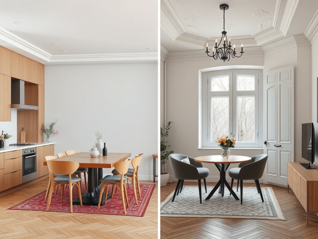 Современные интерьеры кухни и обеденной зоны с деревянной мебелью и уютной атмосферой.