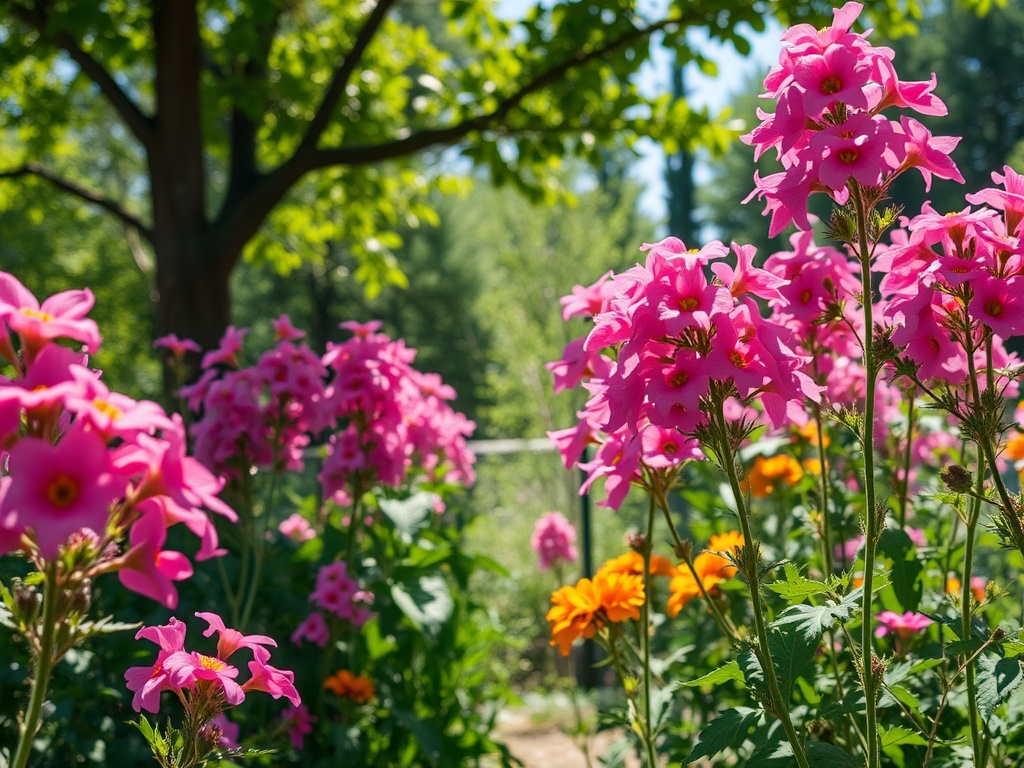 Яркие розовые цветы в саду, среди зеленых деревьев и солнечного света, создают красивый пейзаж.