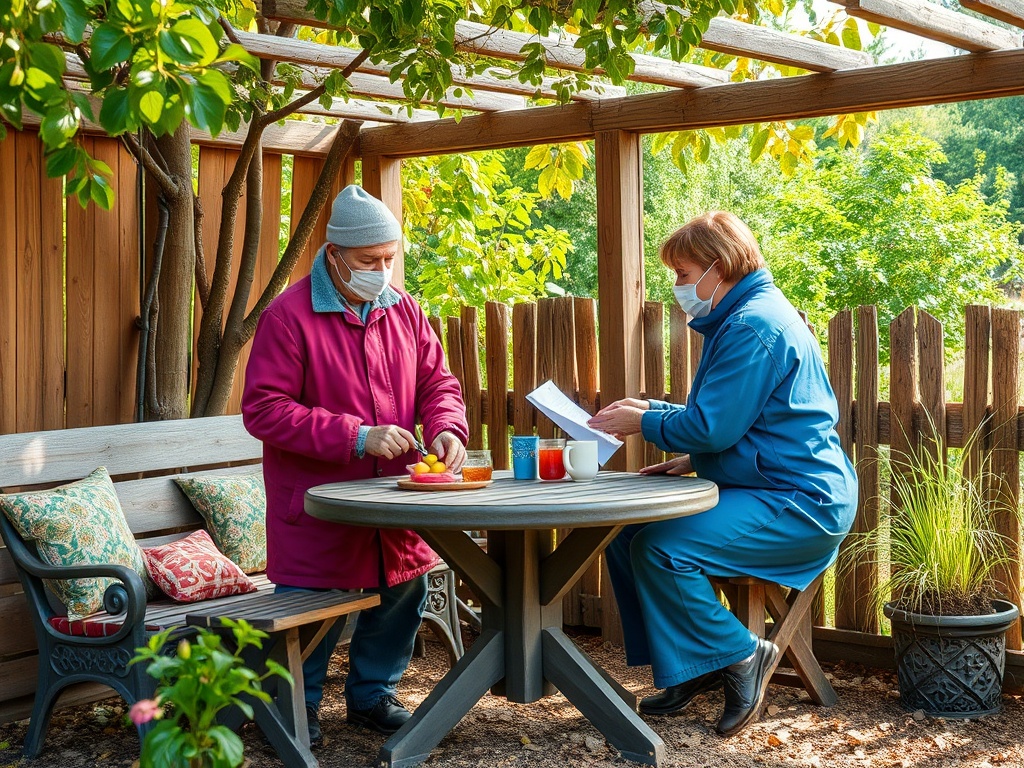 Два человека в масках беседуют на террасе, наслаждаясь чаем и фруктами в зеленом саду.