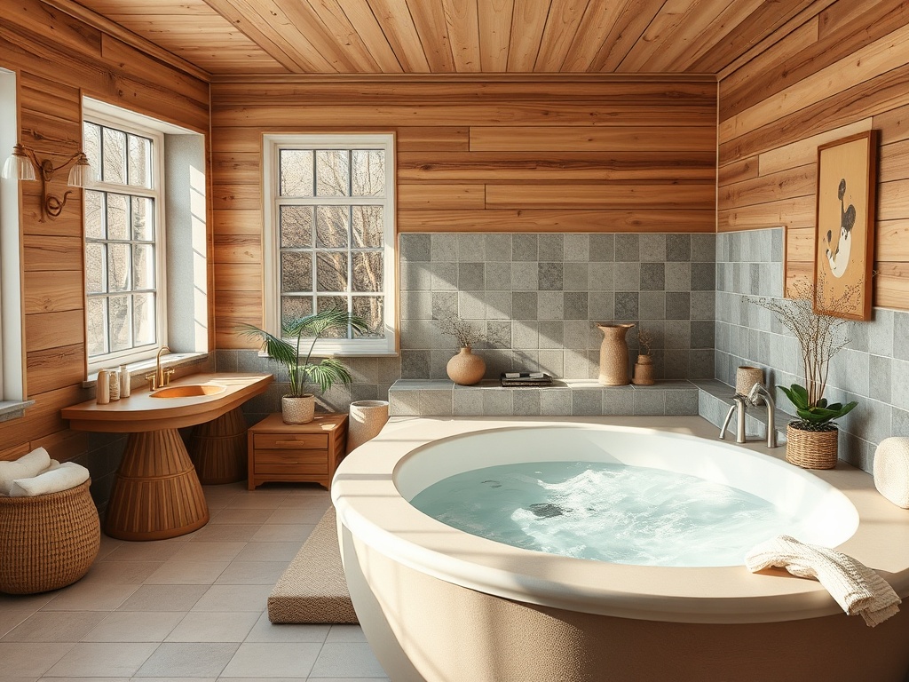 Современная ванная комната с деревянными стенами, круглой ванной и стильной мебелью, наполненная светом.