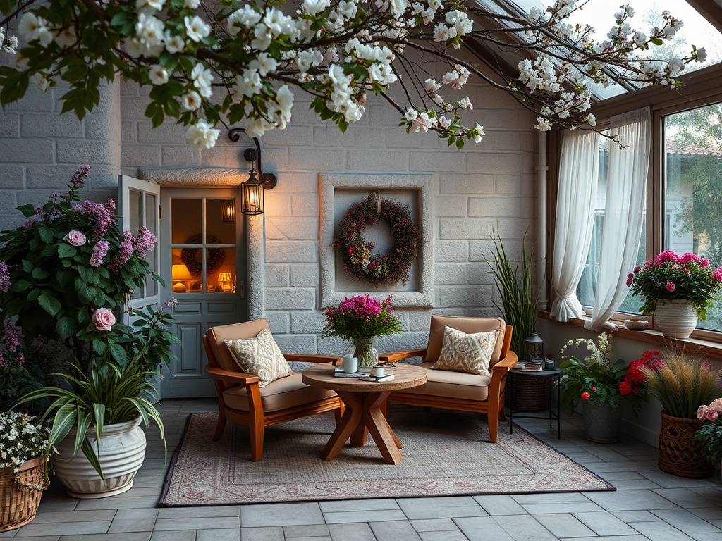 Комфортный уголок в светлой комнате с растениями и уютной мебелью. Цветы украшают пространство.